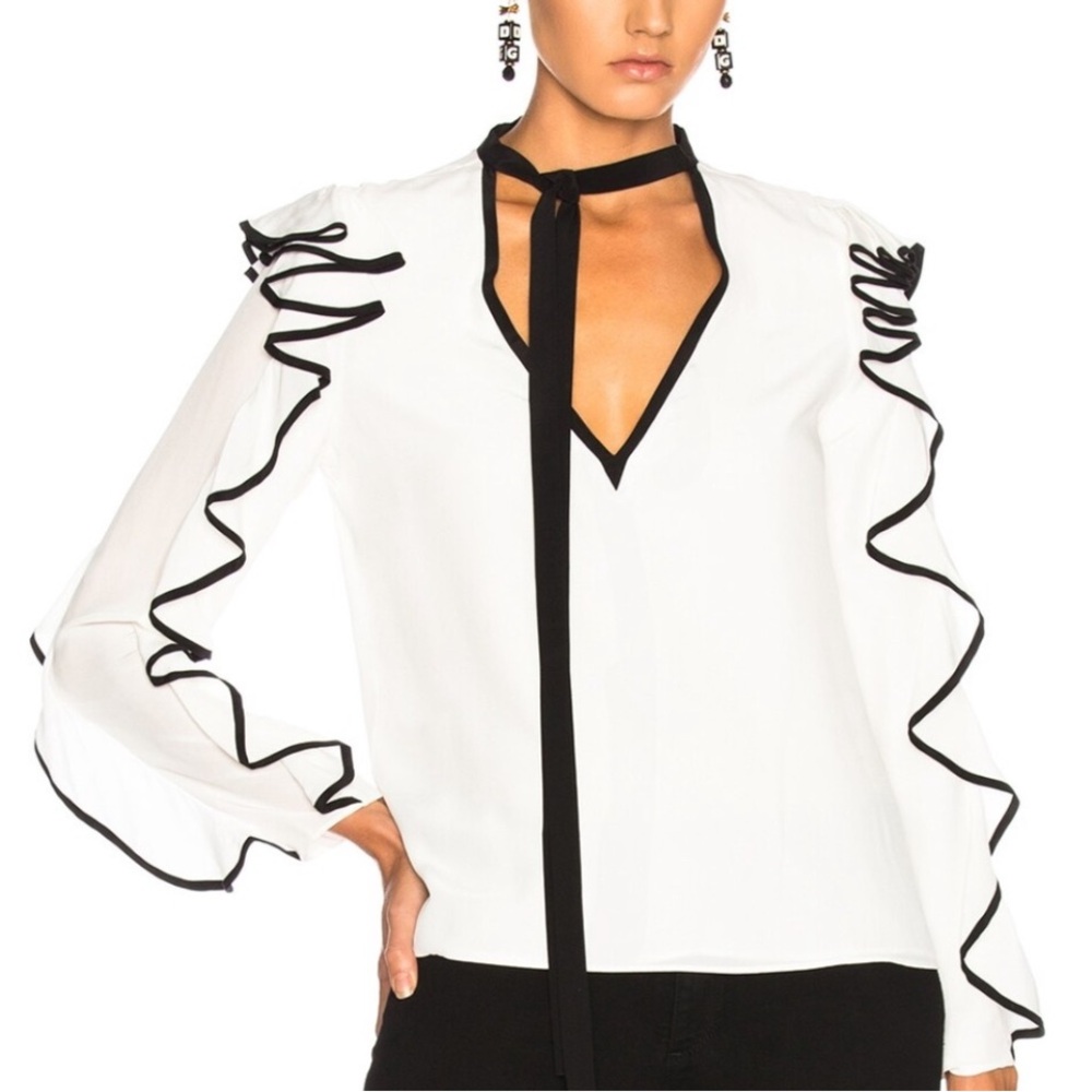 Alexis White Ruffle Sleeve V-Neck Tie Blouse Medium